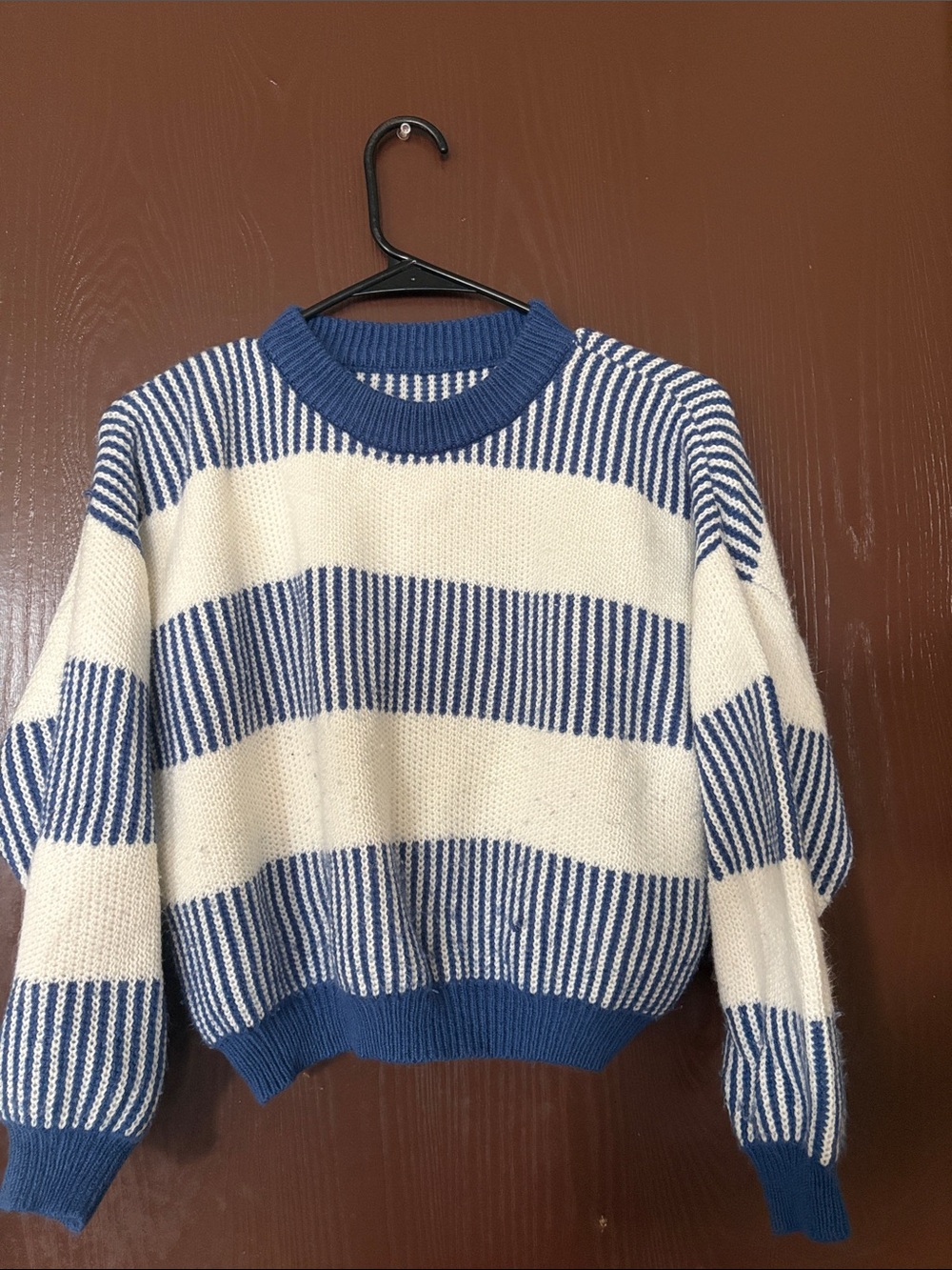 Blue and White Striped Knit Sweater - Casual Women's Pullover